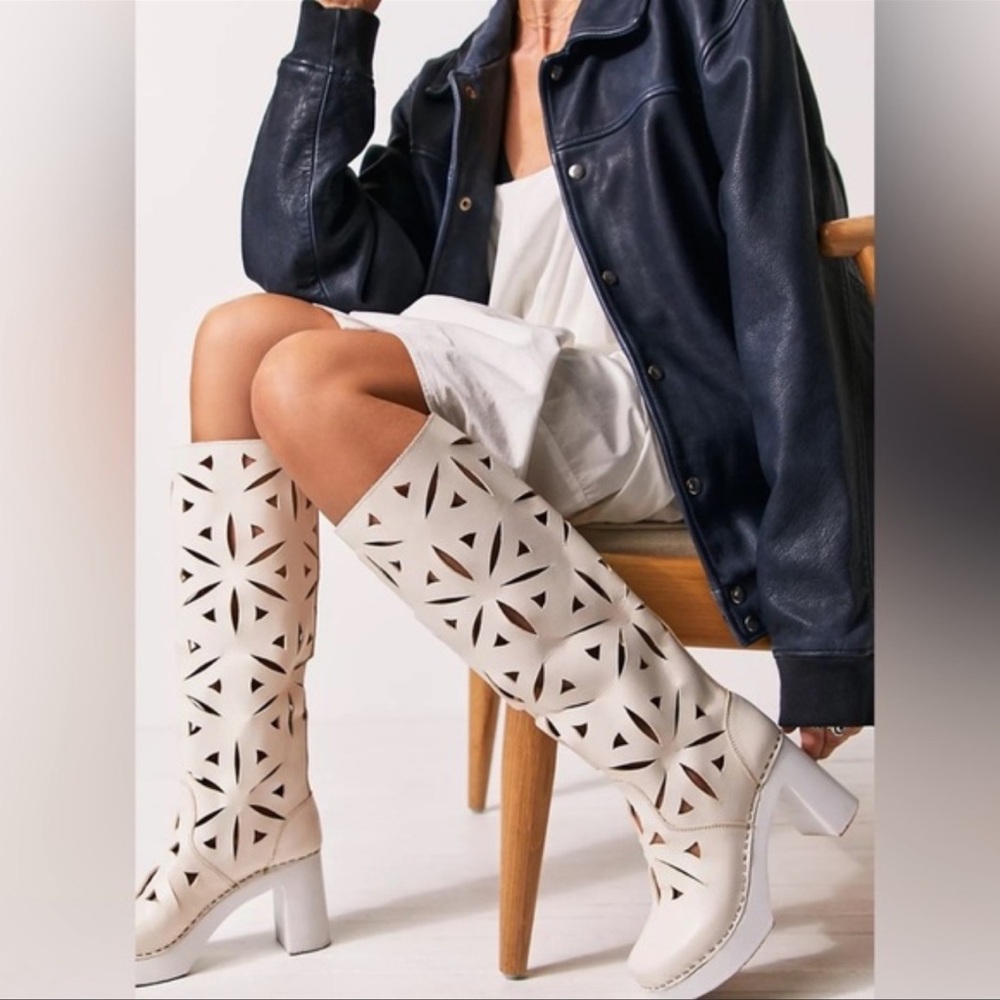 Swedish Hasbeens Lacy White Leather Cutout Heeled Tall Boots